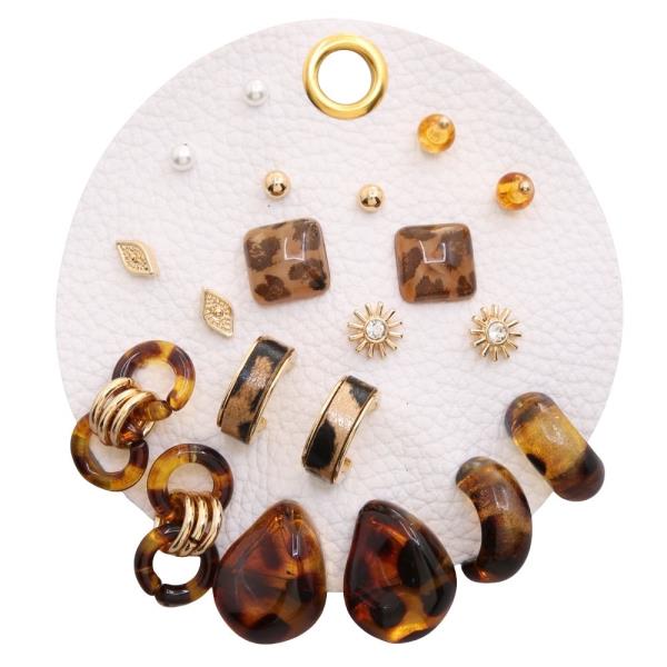 TEXTURED TORTOISE LUCITE DROP HOOPS MIXED GOLD STUD HUGGIE EARRING SET