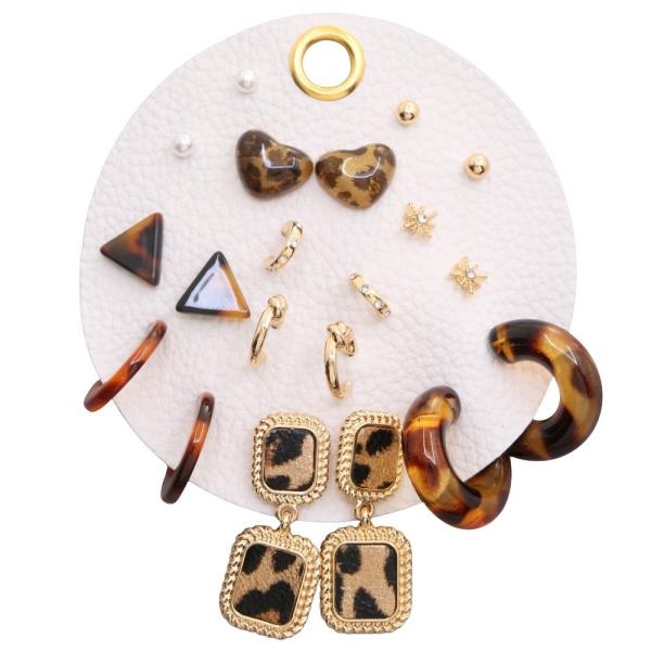 LEOPARD RESIN RECTANGLE GOLD DROP HOOPS STUD ACCENT GEOMETRIC MIXED EARRING SET