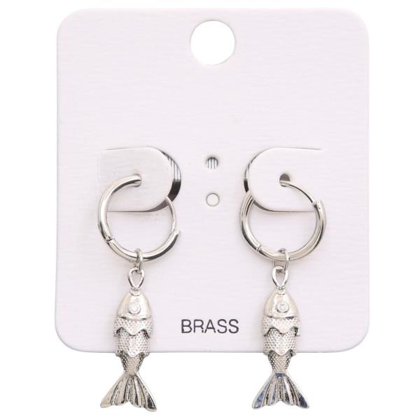 TEXTURED METAL BRASS FISH HUGGIE HOOP DANGLE EARRING