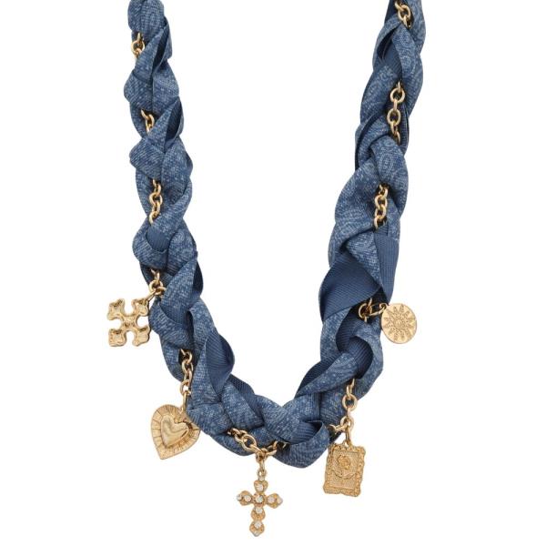 CROSS HEART MULTI CHARM DENIM RIBBON BRAIDED NECKLACE