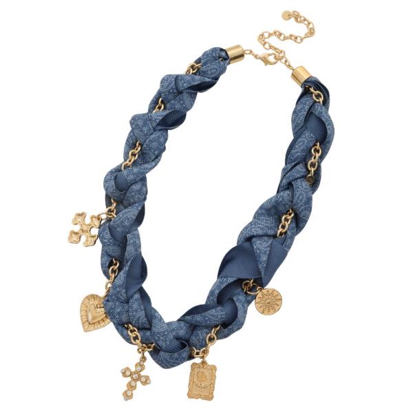 CROSS HEART MULTI CHARM DENIM RIBBON BRAIDED NECKLACE