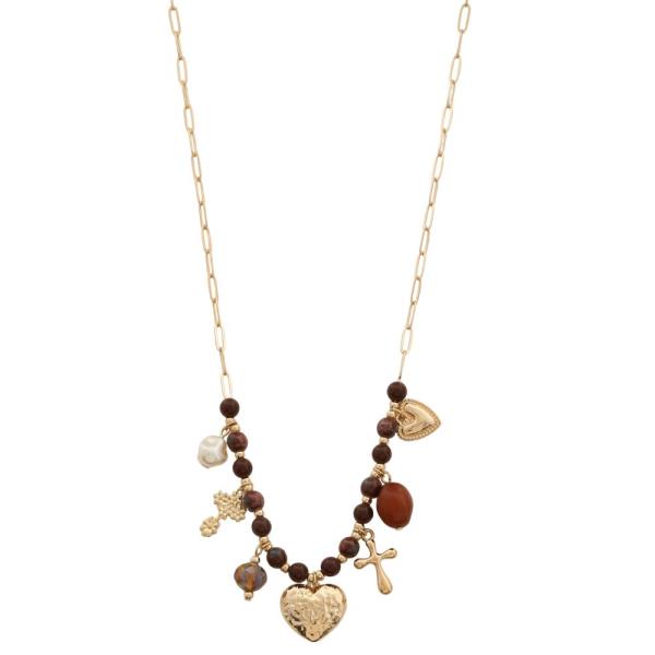 HAMMERED METAL HEART MULTI CHARM BEADED NECKLACE
