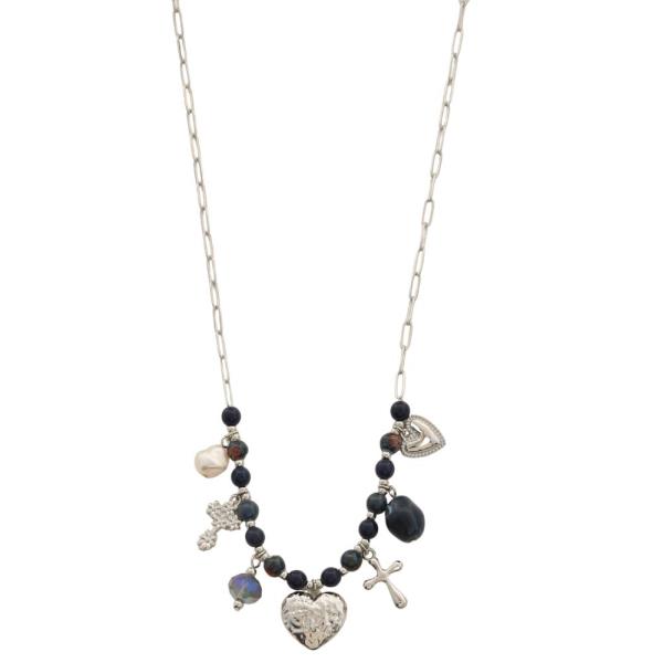 HAMMERED METAL HEART MULTI CHARM BEADED NECKLACE
