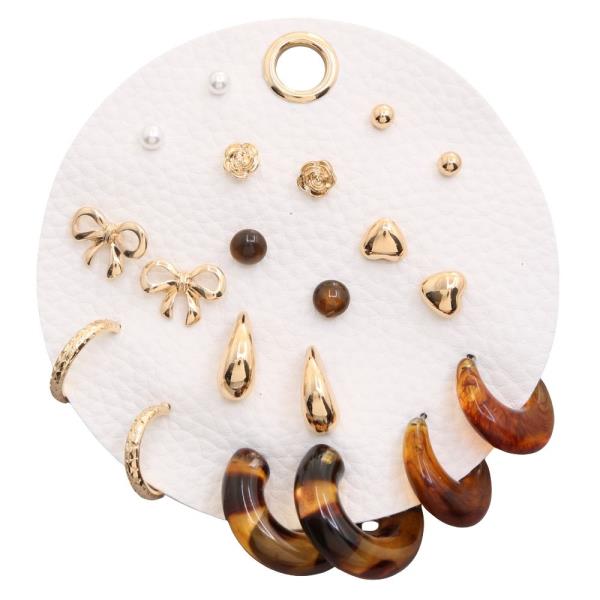 GOLD RIBBON HEART DROP BALL STUD LEATHER-TEXTURED HOOP MIXED EARRING SET