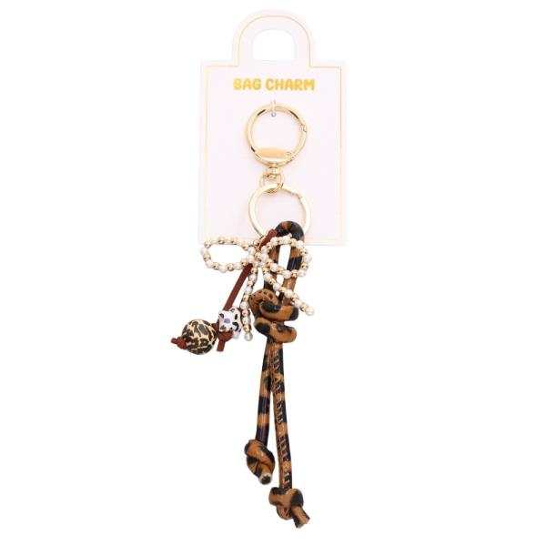 FAUX LEATHER KNOTTED LEOPARD PRINT CORD PEARL BEAD ACCENT CAT HEAD CHARM BAG CHARM KEYCHAIN