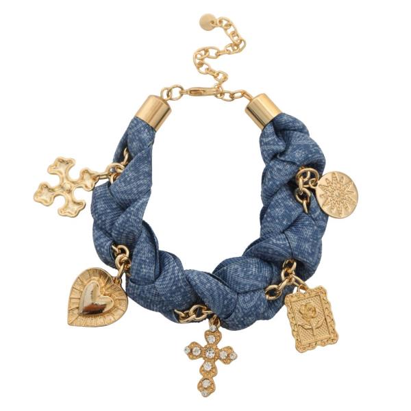CROSS HEART CHARM DENIM BRAIDED BRACELET
