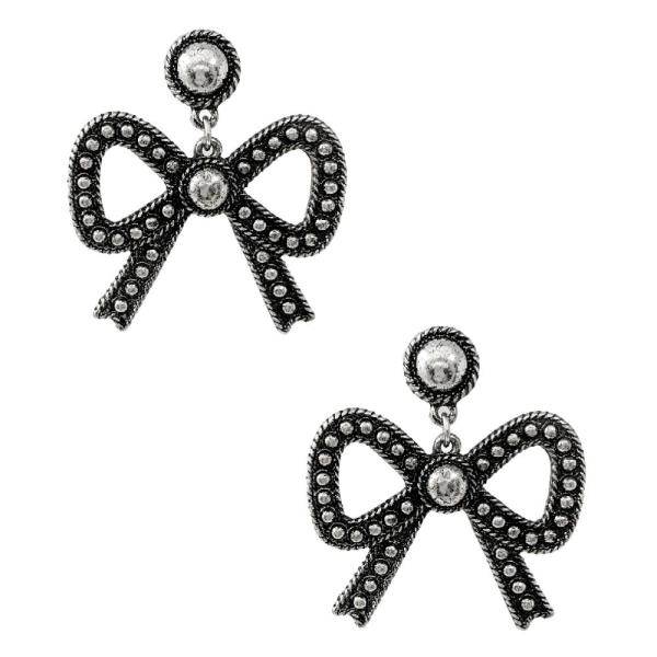 STUDDED METAL RIBBON BOW DANGLE EARRING