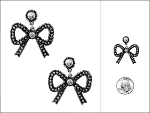 STUDDED METAL RIBBON BOW DANGLE EARRING