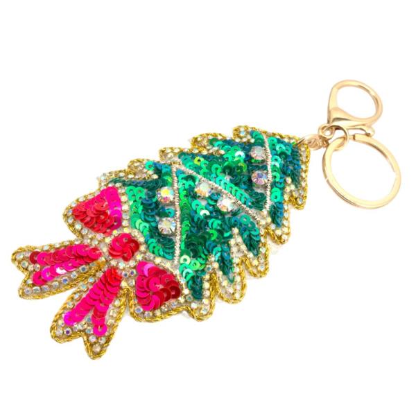 SEQUIN CHRISTMAS TREE BOW KEYCHAIN