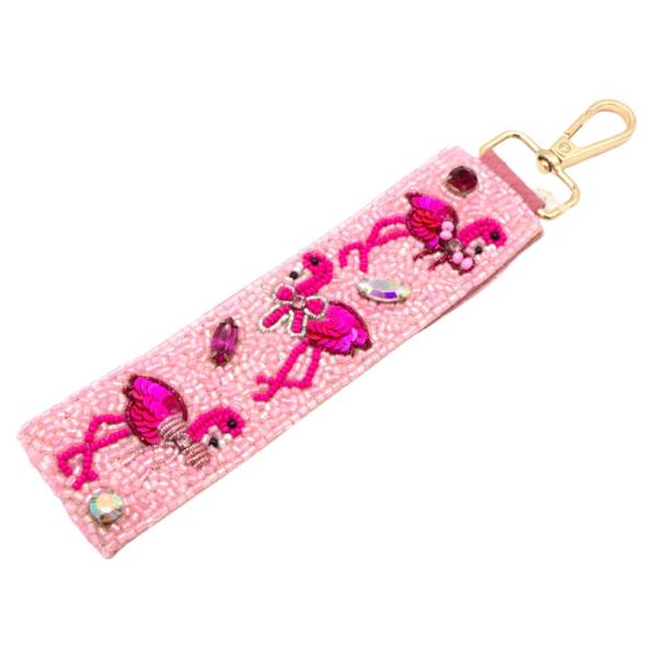 PINK FLAMINGO SEED BEAD HAND KEYCHAIN