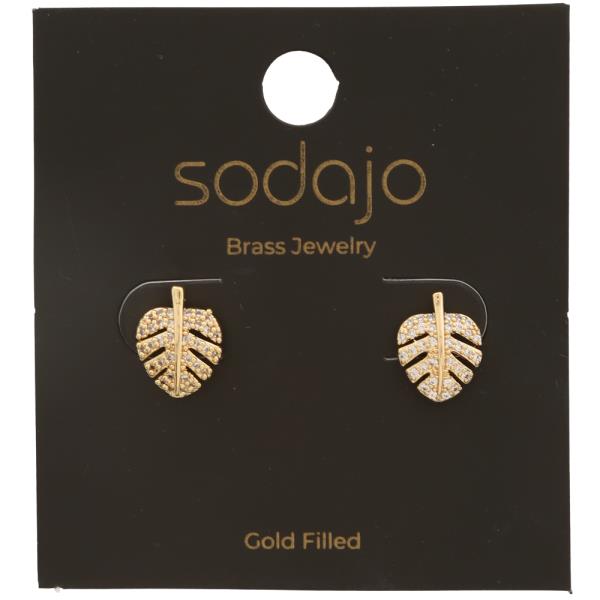 SODAJO GOLD FILLED BRASS RHINESTONE LEAF STUD EARRING