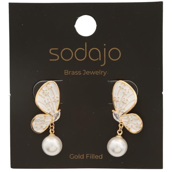 SODAJO GOLD FILLED BRASS BUTTERFLY PEARL DANGLE STUD EARRING