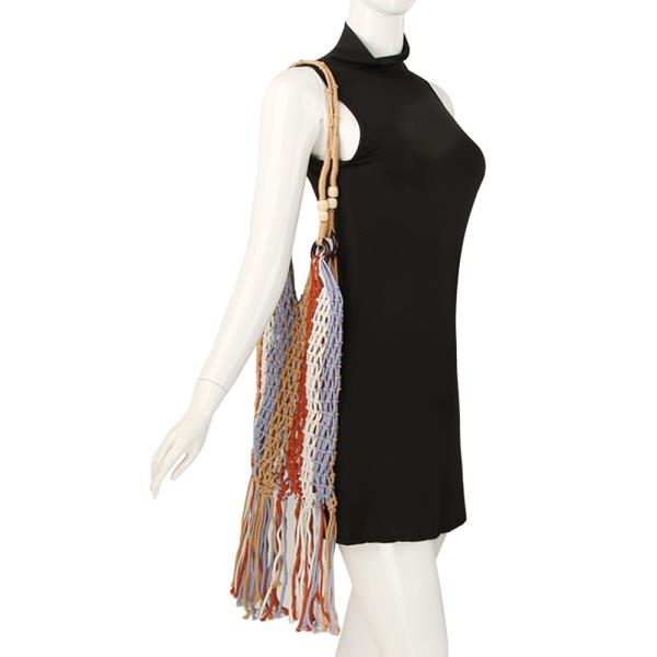 KNITTED WOVEN BOHO FRINGE TOTE BAG