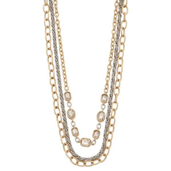 TWO TONE MULTI CHAIN STONE LAYERED NECKLACE
