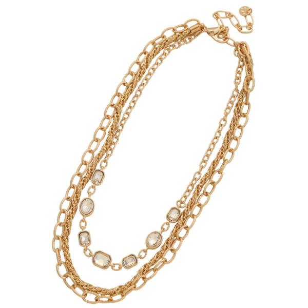 TWO TONE MULTI CHAIN STONE LAYERED NECKLACE