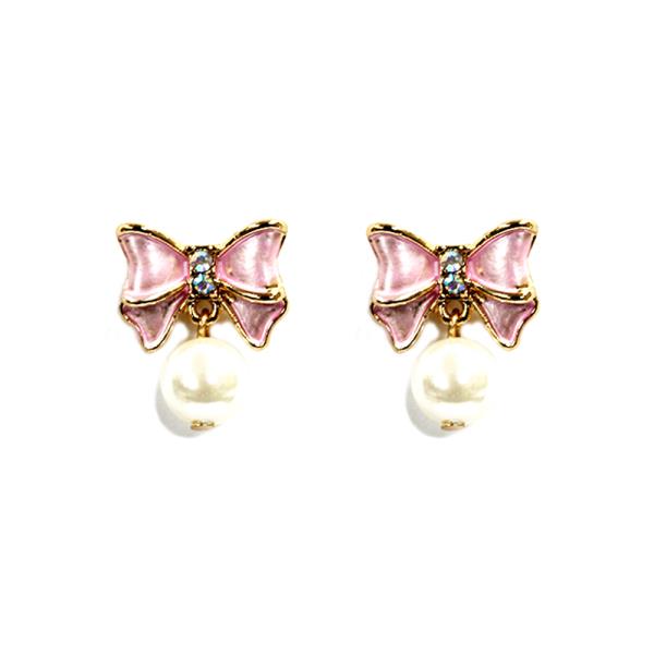 RIBBON BOW PEARL BEAD DANGLE EARRING