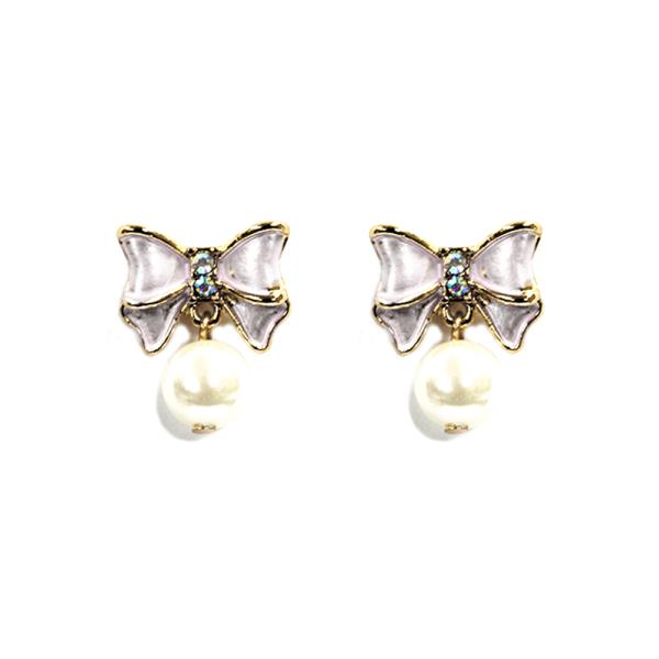 RIBBON BOW PEARL BEAD DANGLE EARRING