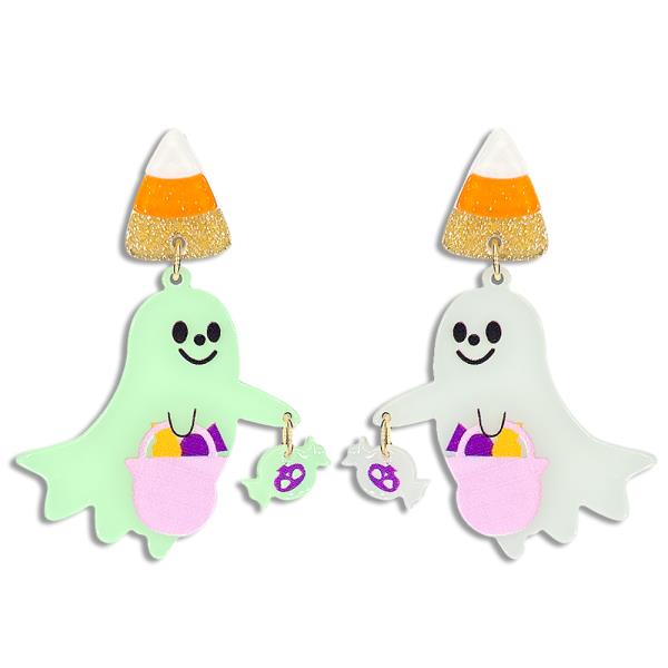 ACETATE HALLOWEEN GLOW CANDY GHOST POST EARRING