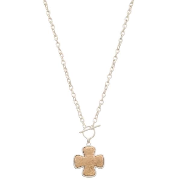 TWO TONE CROSS PENDANT METAL NECKLACE