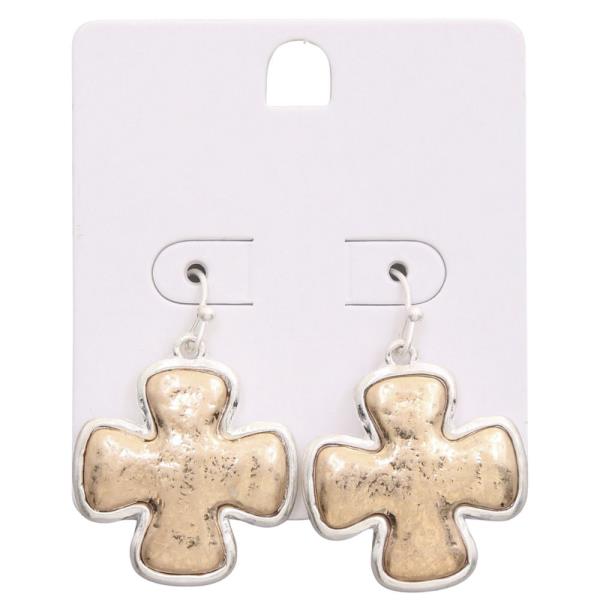 TWO TONE WIDE CROSS DANGLE EARRING