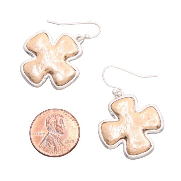 TWO TONE WIDE CROSS DANGLE EARRING