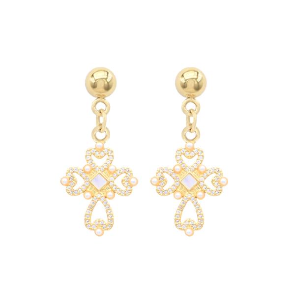 CRYSTAL PEARL CROSS DANGLE EARRING