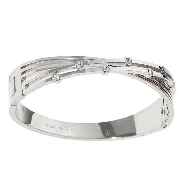 RHINESTONE CRISS CROSS LINED STAINLESS STEEL BANGLE BRACELET