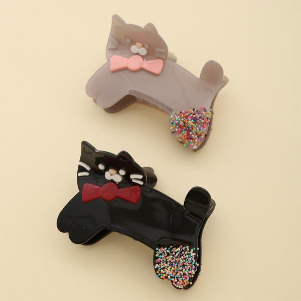 TAUPE CAT RESIN HAIR CLAW CLIP WITH PINK BOW & SPRINKLE TAIL 1 PC