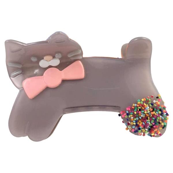 TAUPE CAT RESIN HAIR CLAW CLIP WITH PINK BOW & SPRINKLE TAIL 1 PC