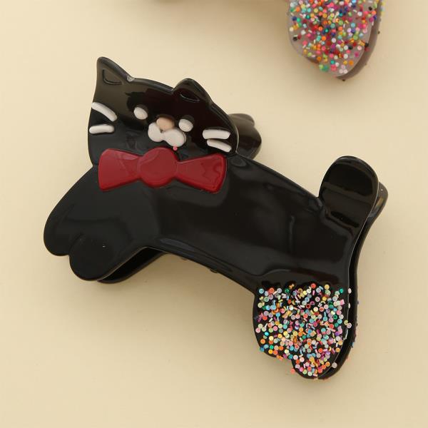 GLOSSY BLACK CAT RESIN CLAW CLIP WITH BOW & SPRINKLE TAIL