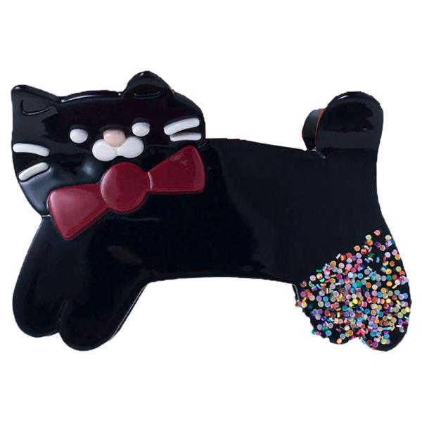 GLOSSY BLACK CAT RESIN CLAW CLIP WITH BOW & SPRINKLE TAIL