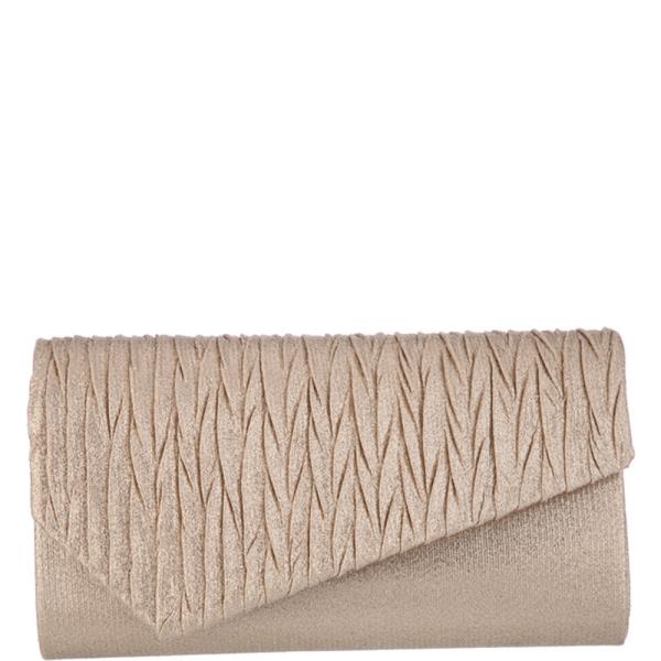 TEXTURED METALLIC CRINKLE PLEATED ANGLED FLAP STRUCTURED RECTANGULAR CLUTCH BAG