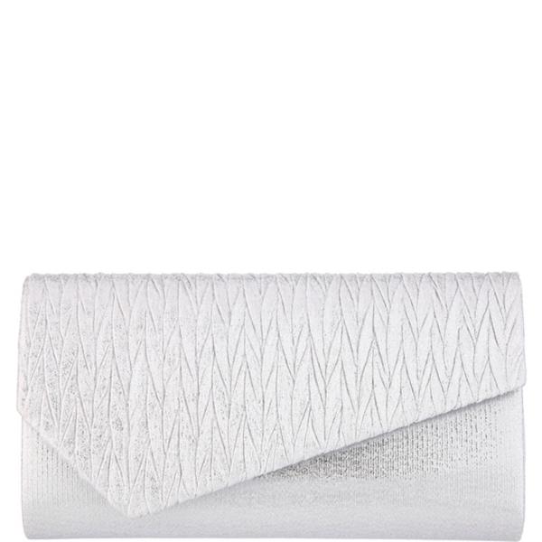 TEXTURED METALLIC CRINKLE PLEATED ANGLED FLAP STRUCTURED RECTANGULAR CLUTCH BAG