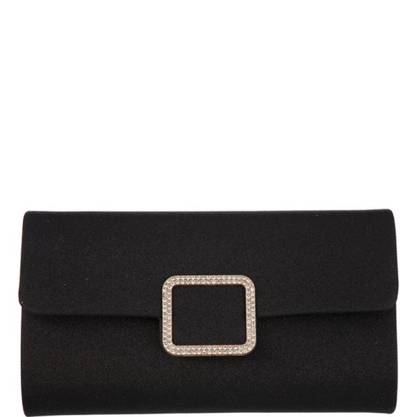 SATIN RHINESTONE SQUARE BUCKLE FLAP STRUCTURED RECTANGULAR CLUTCH BAG