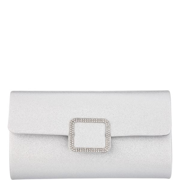 SATIN RHINESTONE SQUARE BUCKLE FLAP STRUCTURED RECTANGULAR CLUTCH BAG