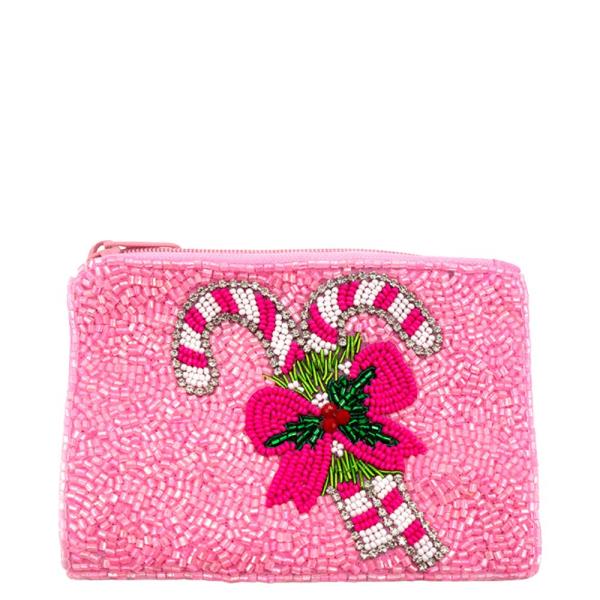 CANDY CANE SEED BEAD COIN POUCH