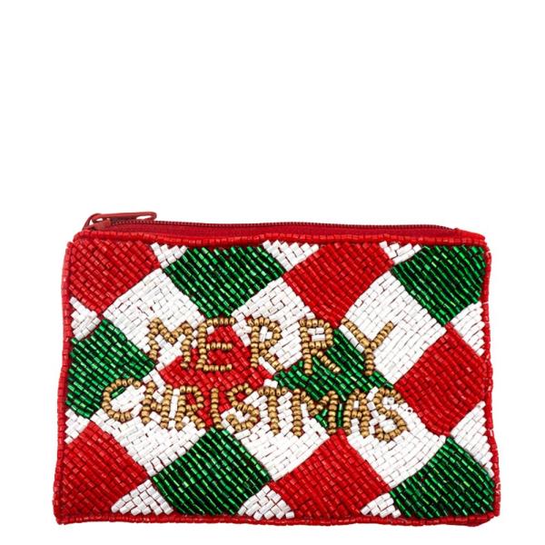 MERRY CHRISTMAS SEED BEAD COIN POUCH