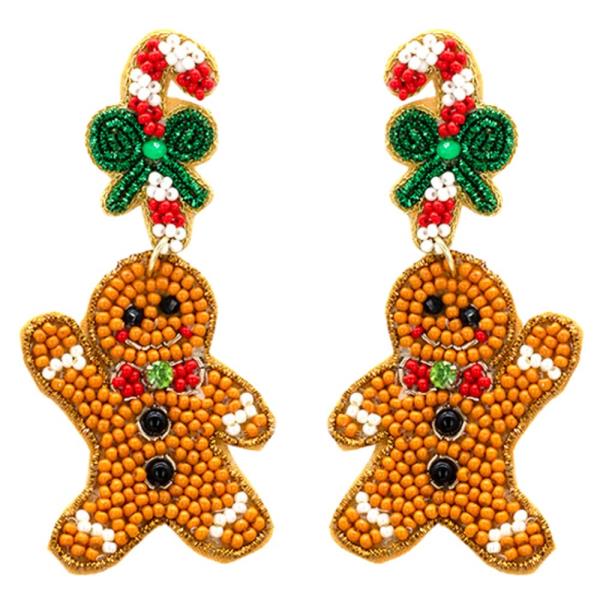 GINGERBREAD MAN CANDY CANE CHRISTMAS SEED BEAD DANGLE EARRING