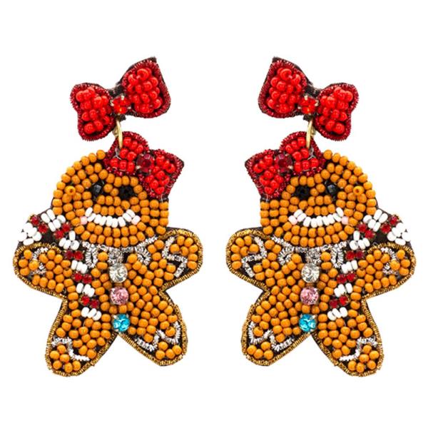 GINGERBREAD WITH BOW CHRISTMAS SEED BEAD DANGLE EARRING