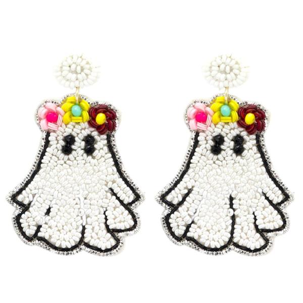 GHOST WITH FLOWERS SEED BEAD HALLOWEEN EARRING