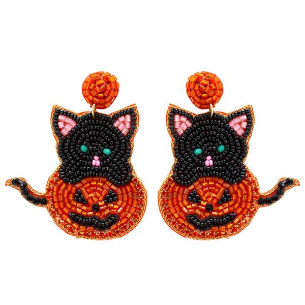 PUMPKIN WITH CAT HALLOWEEN SEED BEAD EARRING