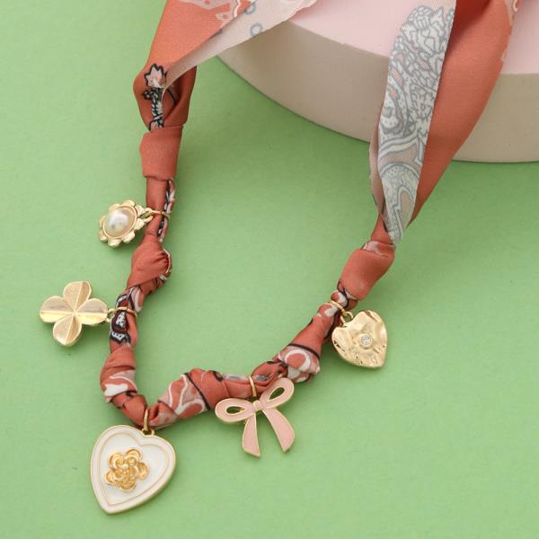 FABRIC HEART AND BOW CHARM NECKLACE