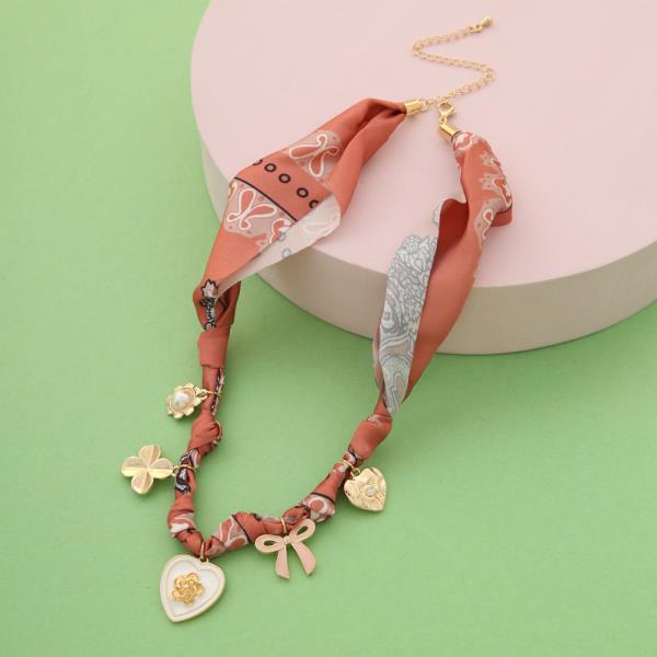 FABRIC HEART AND BOW CHARM NECKLACE