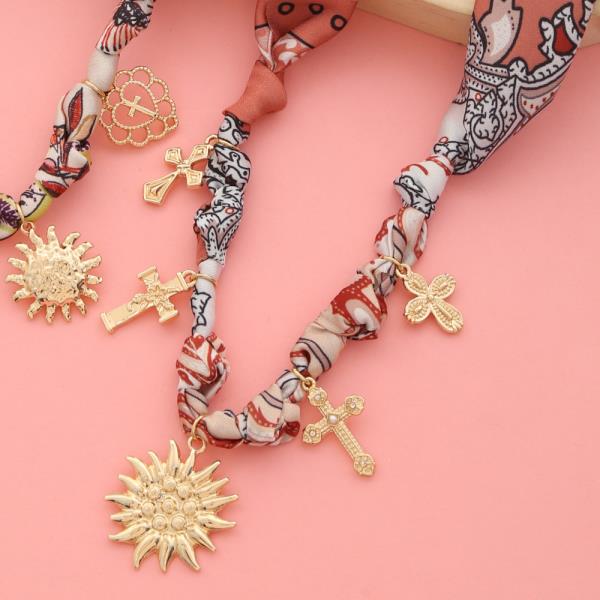 FABRIC SUN AND CROSS CHARM NECKLACE