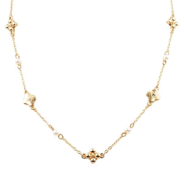 CLOVER AND PEARL STATION CHAIN NECKLACE