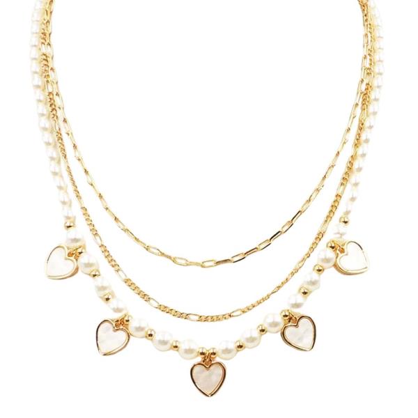 MOTHER OF PEARL HEART CHARM PEARL BEAD STATION LAYERED NECKLACE