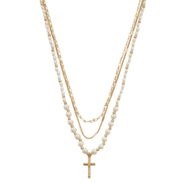 CROSS PEARL BEAD LAYERED NECKLACE