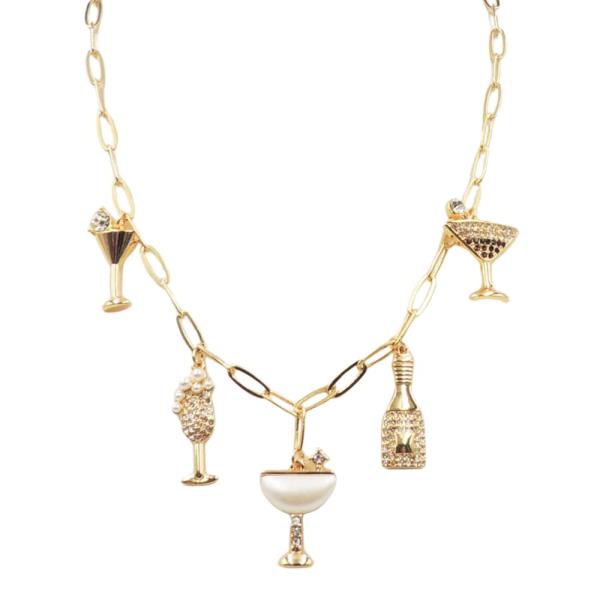 CHEERS BOTTLE AND GLASS CHARM OVAL LINK NECKLACE