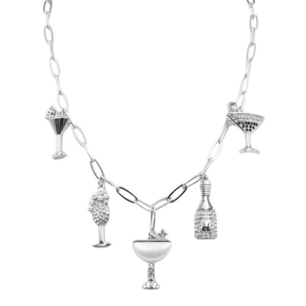CHEERS BOTTLE AND GLASS CHARM OVAL LINK NECKLACE