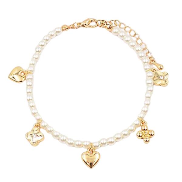 HEART CLOVER CHARM PEARL BEAD BRACELET